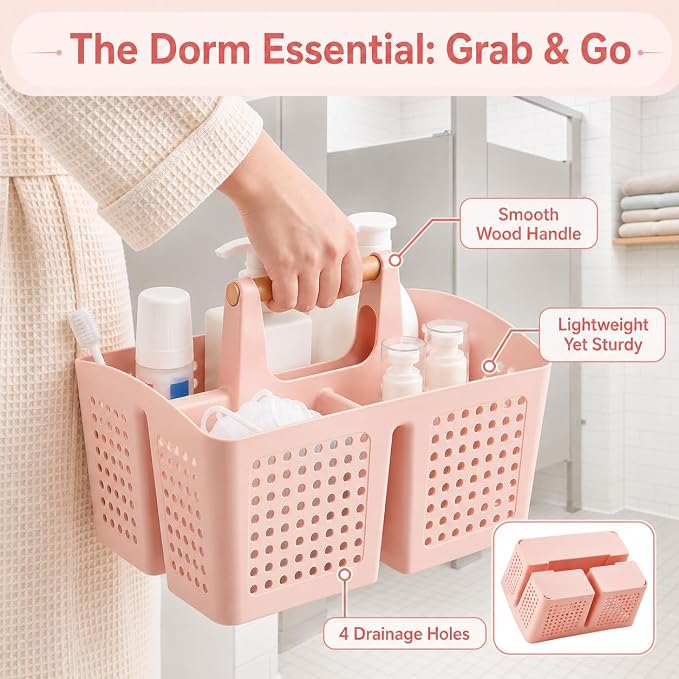Portable Shower Caddy Basket with Wood Handle, 3-Compartment Bathroom Organizer Tote with Drain Holes, Plastic Shower Basket for Dorm, Toiletries, Cleaning Supplies, Pink