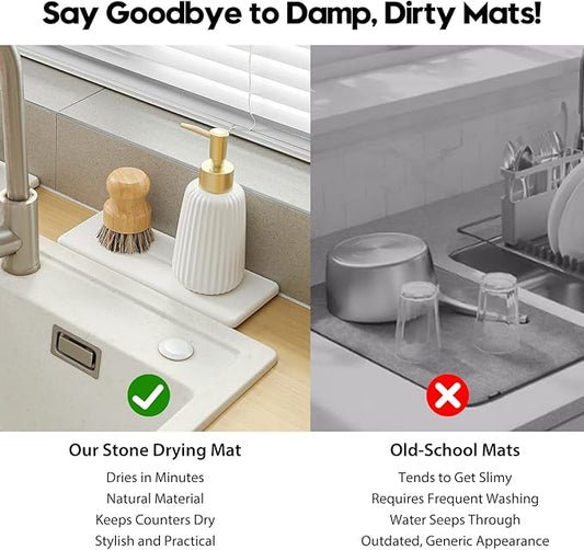 2 Pack Diatomite Stone Sink Tray, Water Absorbing Mat for Kitchen & Bathroom Counter, Quick Dry Soap Dish Makeup Vanity Caddy,Sponge Holder Organizer, White - 2pcs of 9"x 3.5"