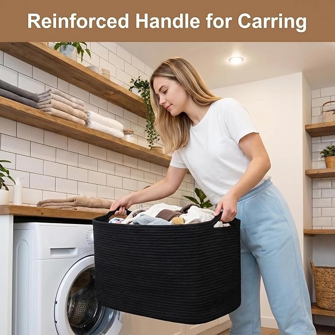 Optish 95L Large Blanket Basket, Woven Storage Baskets with Reinforced Handles, Rope Laundry Basket for Living Room, Bedroom, Nursery, Toys, Clothes,Pillows, 24” x 17” x 13.5”, Black