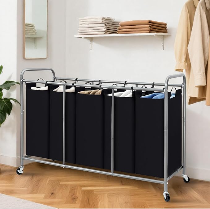 STORAGE MANIAC 5 Section Laundry Sorter, 5 Bins Rolling Separator Laundry Basket, Dirty Clothes Hamper Divider with Heavy Duty Lockable Wheels, Large Clothes Organizer Cart, Black
