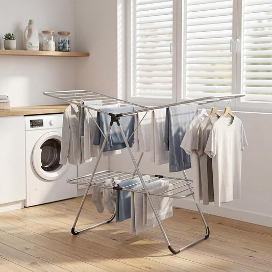 Giantex Foldable Clothes Drying Rack, 2-Tier Aluminum Laundry Drying Rack with Adjustable Wings, Freestanding Airer, Space-Saving, Portable Clothing Dryer Stand for Indoor and Outdoor Use