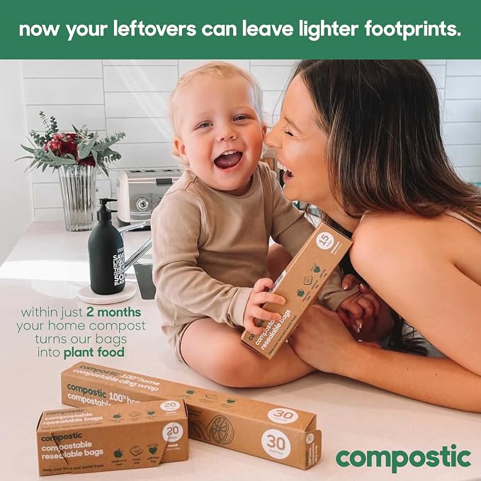 Compostic Compostable XL Sandwich Bags (60 Count) Starter Pack — Resealable Zip-Seal, Plant-Based, Home Compostable, Freezer & Microwave Safe, BPA-Free, Non-Toxic, GMO-Free Food Storage Bags