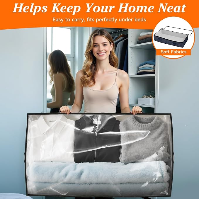 90L Under Bed Storage Containers, Storage Bags, Organizers, 4-Pack, Blue | Foldable, Soft Fabric, Closet Organizers, Reinforced Handle, Label Holder, Clear Window, for Comforters, Clothing, Blankets