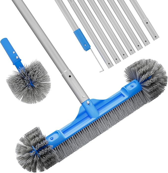 TidyMister Pool Brush with Pole - 20’’ 2-in-1 Detachable Round Brush with Extra Side Brush for Cleaning Hard-to-Reach Corners, 9 FT Aluminum Extended Pool Pole with Hidden Hook Retriever