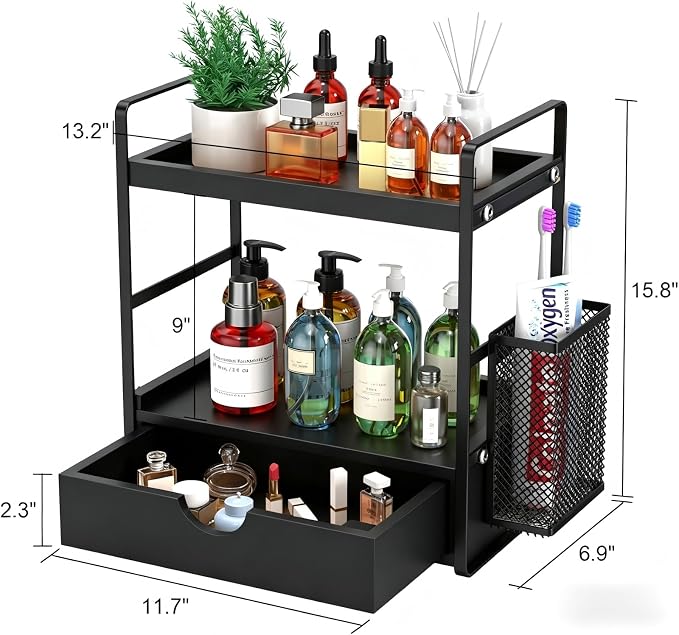 LEMIKKLE Bathroom Counter Organizer with Basket, Bathroom Organizers and Storage,Skincare Organizers for Vanity,Storage Organizers for Bathroom, Kitchen, Dresser (Black with Drawer)