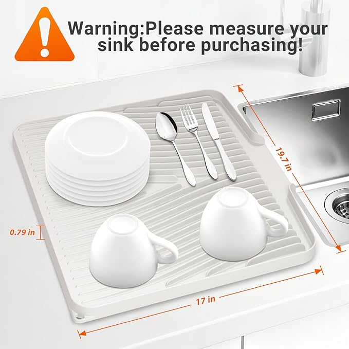 Silicone Dish Drying Mat for Kitchen counter, 19.7"x17" Extra Large Non-Slip Drain Pad with Built-in Drainage, Heat Resistant Dishwasher Safe, Cream