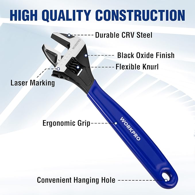 WORKPRO 12-Inch Adjustable Wrench, Wide Jaw Cr-V steel Wrench | Black Oxide Finish, Metric & SAE Scales,Ideal for Home Repairs, Garage, Workshop and DIY Applications