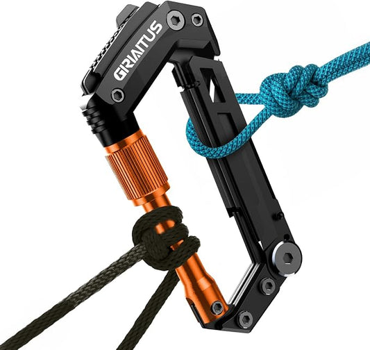 Carabiner Multitool with Pocket Knives, EDC Carabiners, Survival Gear | Serrated Knife, Rope Cutter, Screwdriver, Can Bottle Opener, Ruler, Folding Knife for Camping Hiking, Multitool (Orange)