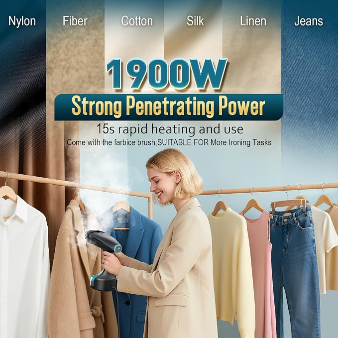 Steamer for Clothes - 1900W Strong Penetrating Steam & Fast Wrinkle Remover Portable Handheld Garment Steamer 3 Steam Settings, Fabric Brush & 300ml Big Capacity, Clothes Steamer Iron for Home Travel