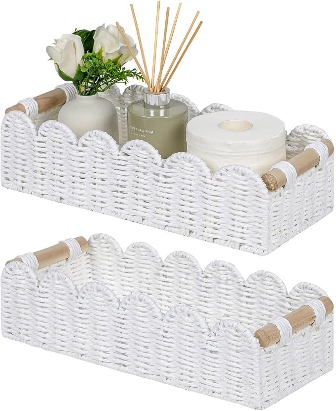 CubesLand Bathroom Basket Organizer, Toilet Tank Paper Storage Baskets 2PK | Scalloped Decorative Basket for Countertop w/Handle, Wicker Basket for Bathroom Decor, Home Decor, Living Room, White