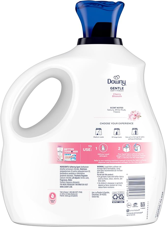 Downy Gentle Soft + Fresh Fabric Softener Liquid, Liquid Fabric Softener Designed to be Gentle on Skin, Cherry Blossom Scent, 93 fl oz, 138 loads