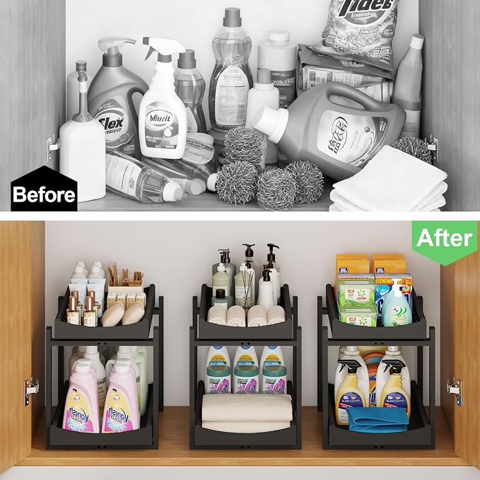 Bamboo Under Sink Organizer and Storage, 2 Pack Pull Out Cabinet Organization, 2 Tier Vertical Slide Out Undersink Storage Shelf, Multi-Purpose Organizer Shelves for Kitchen Bathroom Medicine