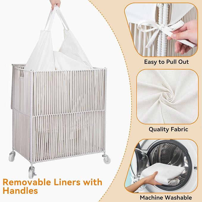 WOWLIVE Rolling Laundry Basket Wheels, Handwoven Laundry Hamper with Lid | Double Clothes Hamper with Divided Removable Bag, 115L Large Laundry Sorter 2 Section, Laundry Room Organization, White