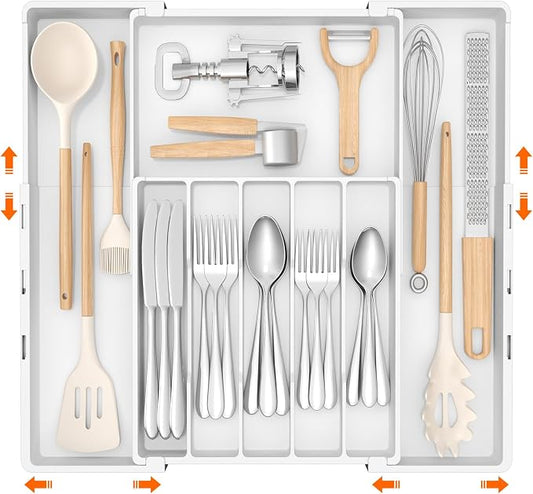 Lifewit Silverware Drawer Organizer, Expandable Utensil Tray for Kitchen, BPA Free Flatware and Cutlery Holder, Adjustable Plastic Storage for Spoons Forks Knives, 5-8 Slots, White