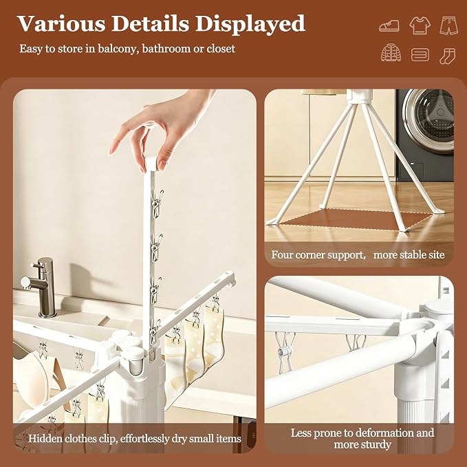 Adjustable Collapsible Umbrella Style Clothes Drying Rack, 4Legs6Telescopic Arms, Space-Saving Freestanding Laundry Airer with Windproof Clips, Easy Setup Indoor Outdoor (White-Plastic)