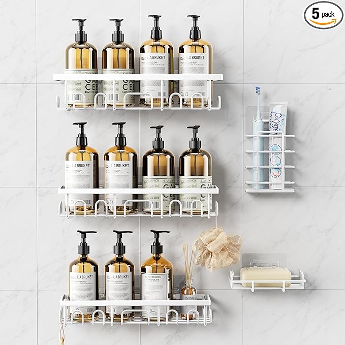 Shower Caddy, 5 Pack Shower Shelves for Inside Bathroom, Rustproof Adhesive Bathroom Organizer with Soap Holder, No Drilling Washroom Organizers and Storage for Bathtub Room/Kitchen/Home, White