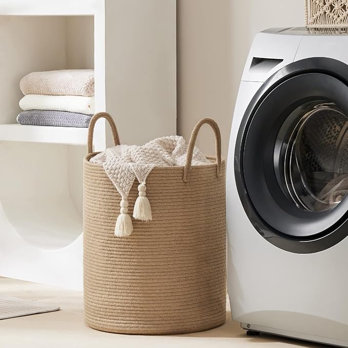 Woven Rope Laundry Hamper Basket by YOUDENOVA, 72L Tall Luandry Basket, Baby Nursery Hamper for Blanket Storage in Bedroom-Large-Jute | Large Laundry Hamper with Sturdy Handles, Collapsible Home Decor Laundry Basket for Laundry, Clothes, Toys in Bedroom