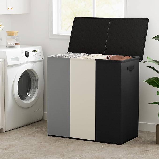 WOWLIVE 180L Laundry Hamper 3 Section, Large Laundry Basket with Lid | Dirty Clothes Hampers with Removable Bags and Handles, Collapsible Laundry Basket Organizer for Dorm Room, College