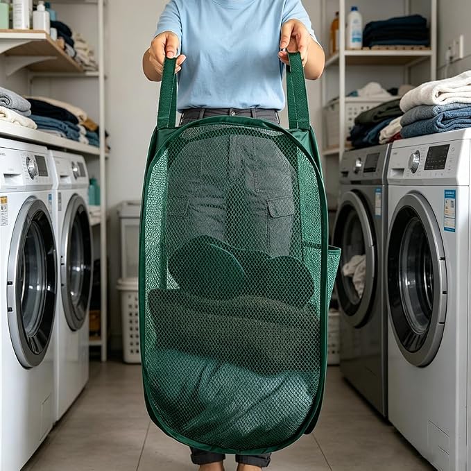 Larpur Pop Up Laundry Hamper Collapsible Mesh Clothes Basket, Dark Green | Portable Laundry Hamper Foldable Dirty Clothes Hamper Storage for Home, Dorm, Travel, Cruise