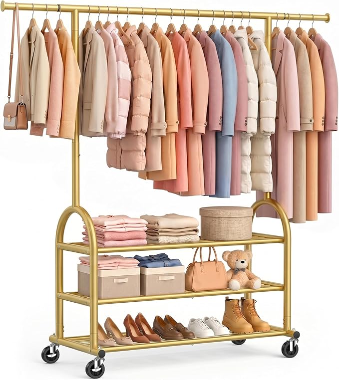 EAGMAK Heavy Duty Clothes Rack for Hanging Clothes Load 688 LBS, Height Adjustable Rolling Clothing Racks, Portable Metal Coat Rack Garment Wardrobe with Wheels and 3 Shelves for Bedroom, Gold
