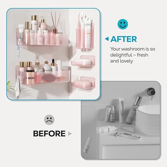Nieifi Adhesive Shower Shelves, Pink, 5 Pieces | Rustproof ABS, Large Capacity, Removable Design, Easy-Clean, No Drilling Shower Organizer for Bathroom Storage & Home Decor
