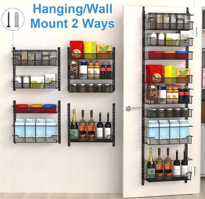 VyGrow Over the Door Pantry Organizer, 8-Tier Over the Door Organizer with Adjustable Basket, Pantry Door Organization for Pantry Kitchen Storage Room Spice Rack, Black