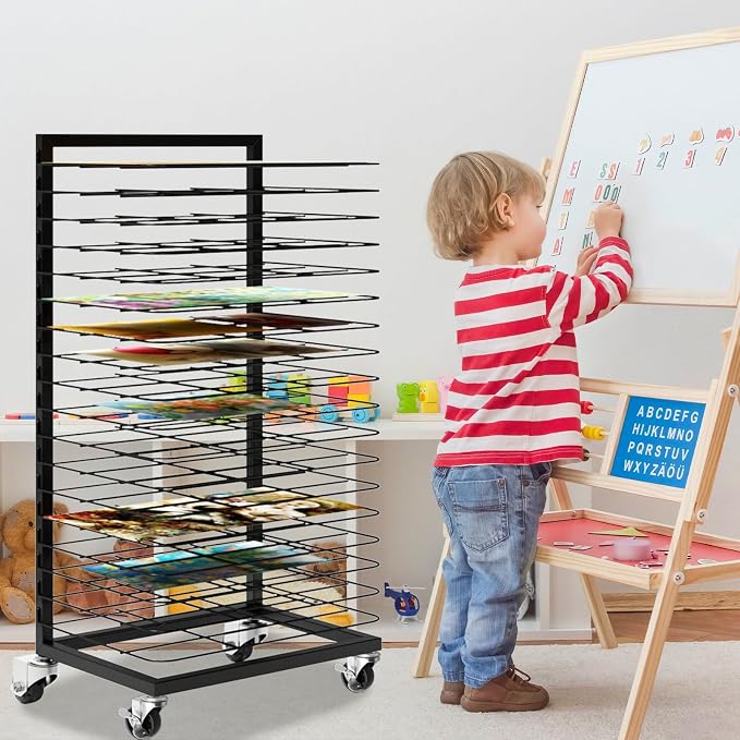 Art Drying Rack with 18 Removable Shelves,Art Drying Rack for Classroom with Locking Wheels,Art Canvas Storage Rack for Classrooms & Art Studios, Black