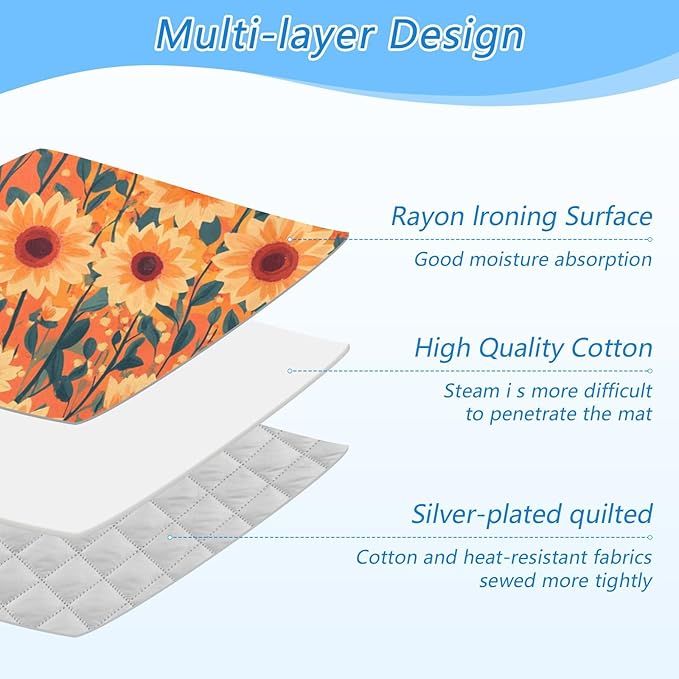Orange Sunflowers and Poppy Flowers Ironing Mat Portable Ironing Pad Blanket with Silicone Iron Rest for Table Top Travel Heat Resistant Double-Side Using Large 47x28 Inch Foldable