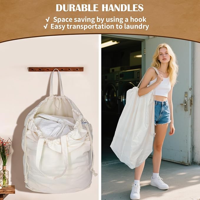 Canvas Laundry Bags with Handles & Rectangular Base, 20"Wx15"Dx27.6"H Beige | Extra Large Heavy Duty Laundry Basket Hamper Liner Replacement, Washable Drawstring Dirty Clothes Bag, Canvas Storage Sack