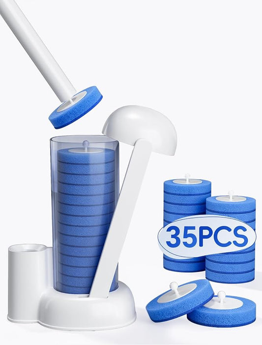 Disposable Toilet Brush System, Toilet Bowl Cleaning Wand with Lift-to-Open Refill Case, Blue Refill Heads and Freestanding Holder, 1 Wand and Holder Set with 35 Blue Refills