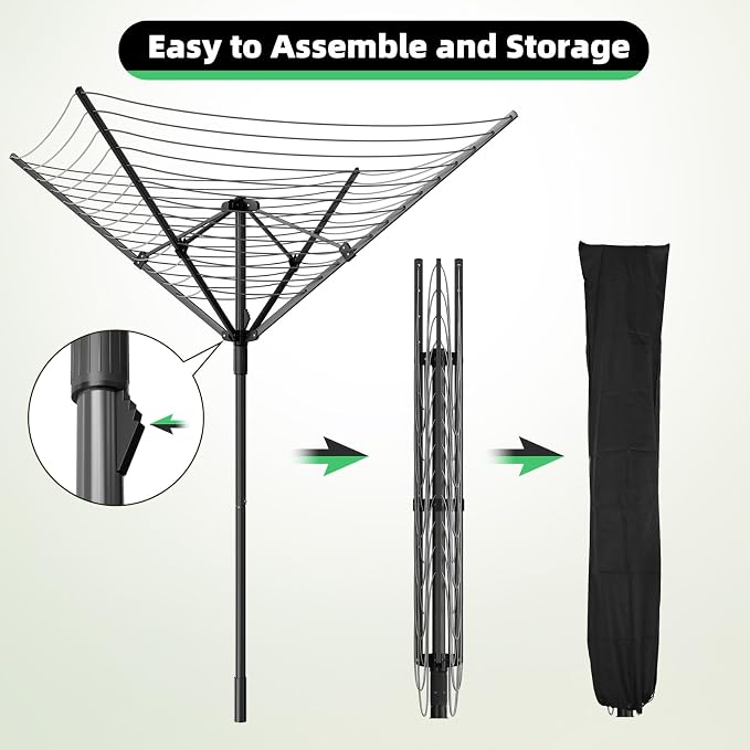 Heavy Duty Outdoor Umbrella Drying Rack, Rotating Height Adjustable Clothesline for Large Blankets & Sheets, Perfect for Backyard Balcony Camping RV, Black
