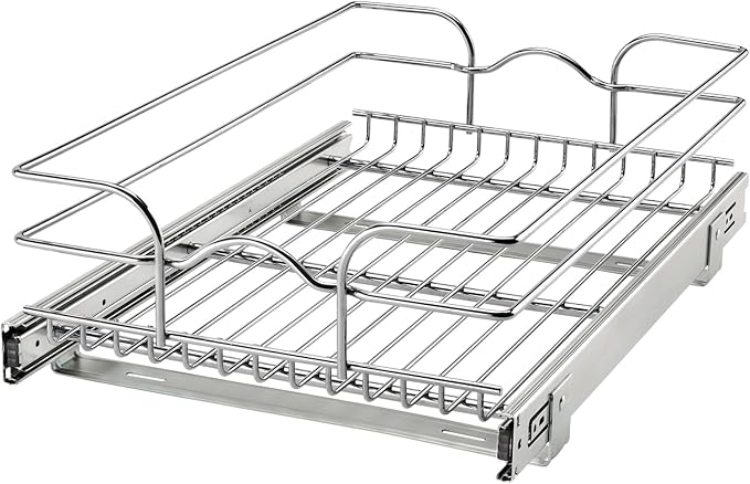 Rev-A-Shelf Steel Wire Pullout Drawer Organizer Shelf for Kitchen Cabinets, Slide Out Storage Basket, Min Opening Width of 14.5", 15" x 22", 5WB1-1522CR-1