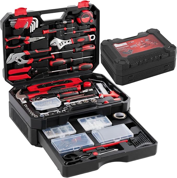 OLIXIS 330 Piece Home Repair Tool Kit with Pull-Out Drawer, Carbon & Cr-V Steel Tool Box, Complete Homeowners Repair Kit for DIY & Auto Maintenance for Home, Black-Red