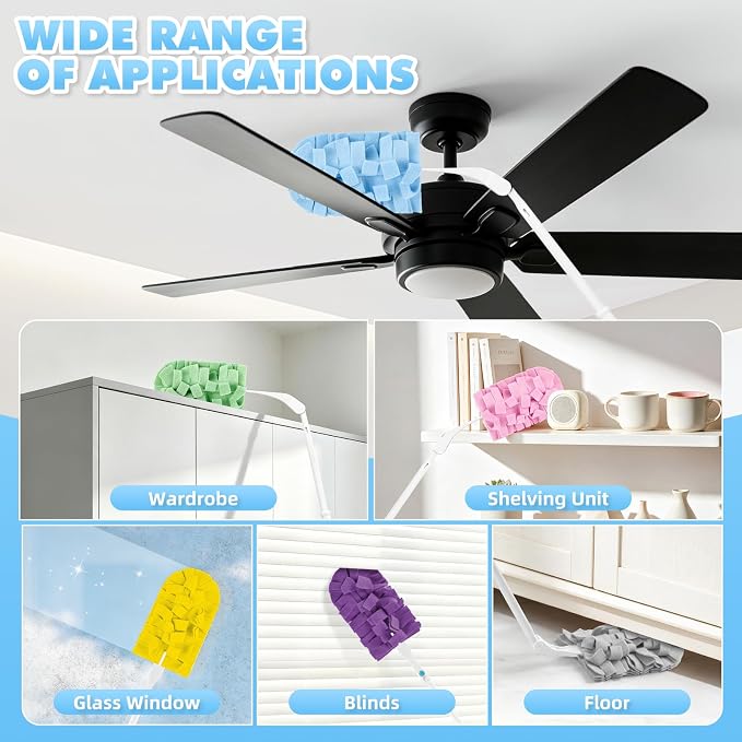 Reusable Duster Refills, Washable Duster for Swiffer (6 PCS) | with 3 Ft Extendable Handle, Reusable Microfiber Pads for Cleaning Fan, Floor, Blind, Include 1 Laundry Bag & Spray Bottle