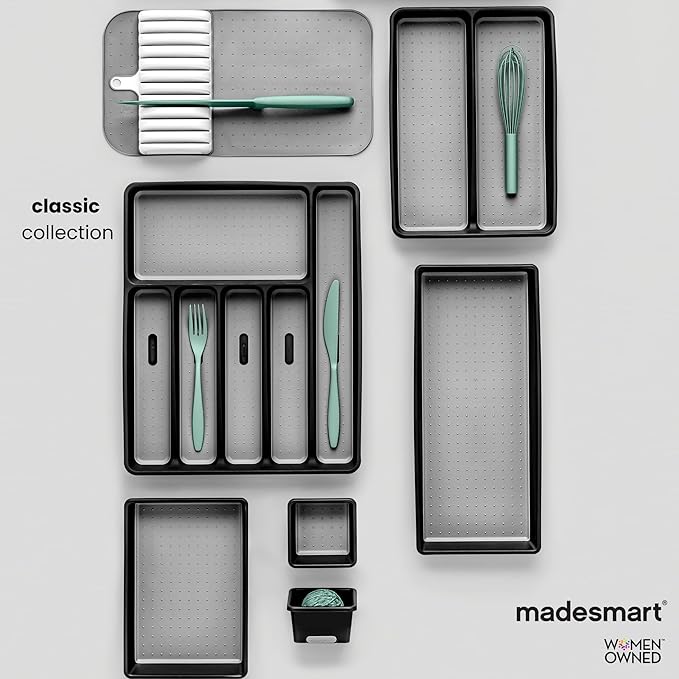 madesmart Small Utensil Tray, Multi Purpose Storage Organizer, Deep Storage for Ladles, Whisks & Serving Tools, Non Slip Lining, for Drawers & Home Organization, White