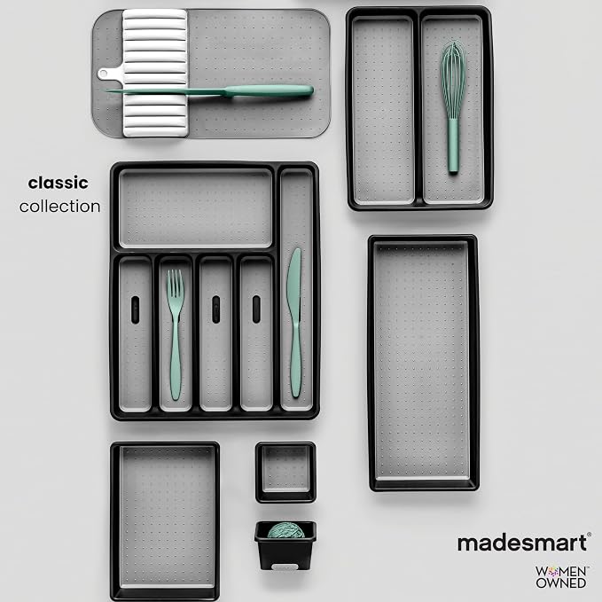 madesmart 4 Compartment Drawer Organizer, Multi Purpose Storage for Utensils, Office Tools, Cords, & Small Household Items, Tech Accessories, Arts & Crafts Supplies, Non Slip Lining, Granite