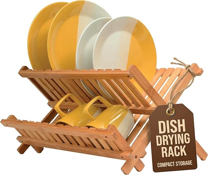 Bambüsi Collapsible Dish Drying Rack - 2 Tier Bamboo Dish Rack Dish Drainer for Kitchen Counter, Foldable Wooden Drying Rack for Plates Cups Bowls Utensils, No Assembly Folding Rack for Apartment, RV
