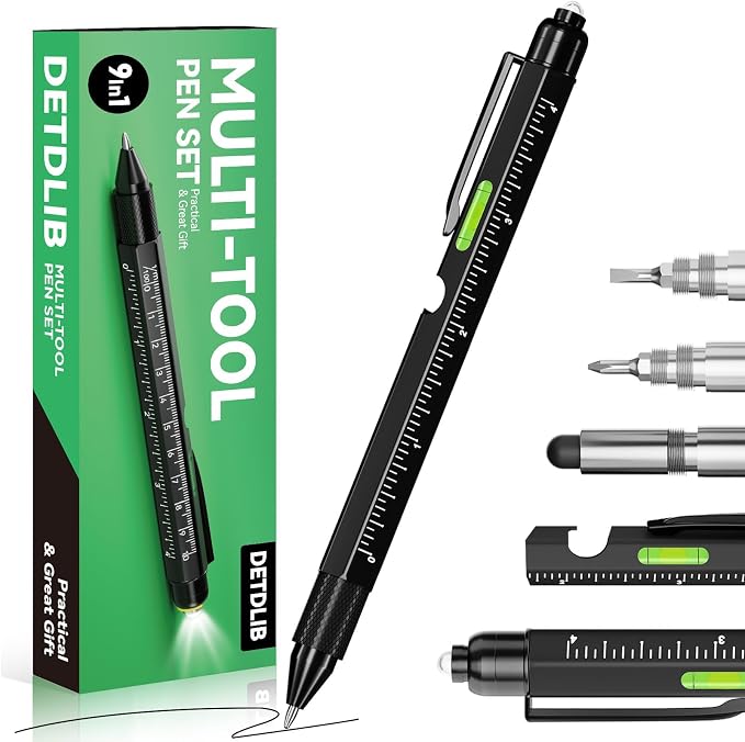 9-in-1 Multitool Pen, Black | with LED Light, Stylus, Level, Ruler, Bottle Opener, Screwdriver, Gifts for Men, Women, Dad, Husband, Birthday Gifts for Men