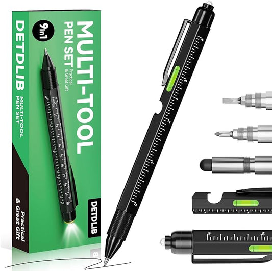 9-in-1 Multitool Pen, Black | with LED Light, Stylus, Level, Ruler, Bottle Opener, Screwdriver, Gifts for Men, Women, Dad, Husband, Birthday Gifts for Men