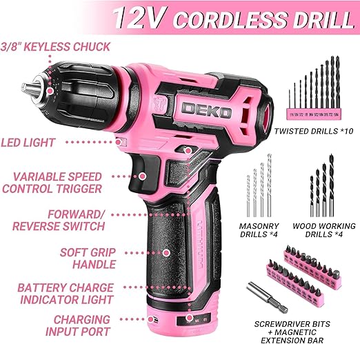 Pink Drill Tool Set Kit DEKOPRO Power Cordless Drill Tool Box with 12V Electric Pink Drill Driver Set for Women Home Hand Repair Tools Sets Drills Case