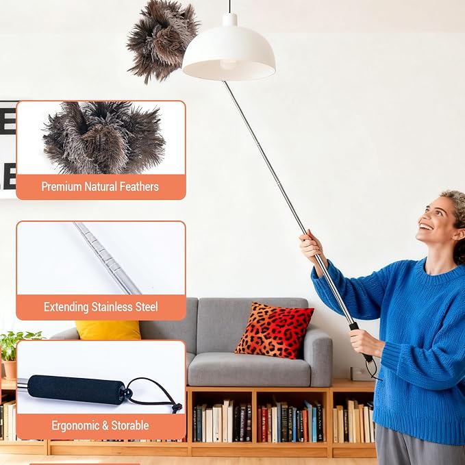 Luxury Black Curved Feather Duster, Extendable Ostrich Feather Cleaning Tool for High Ceilings, Furniture, Blinds, Walls, Soft Fluffy Long Handle Dusting(A13-Black)
