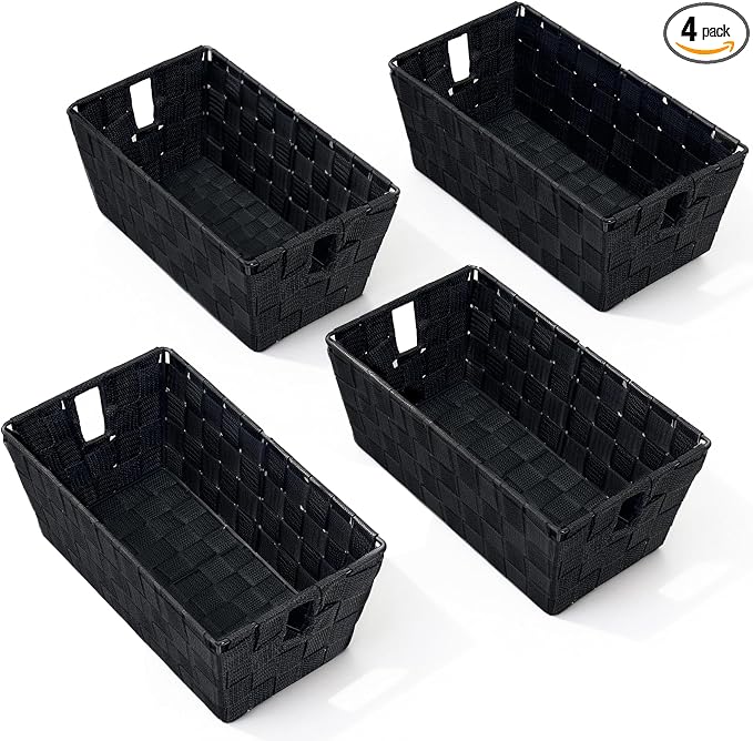 Black Storage Baskets for Shelves, Woven Shelf Baskets for Organizing, Small Strap Organizer Basket for Bathroom Storage, Set of 4