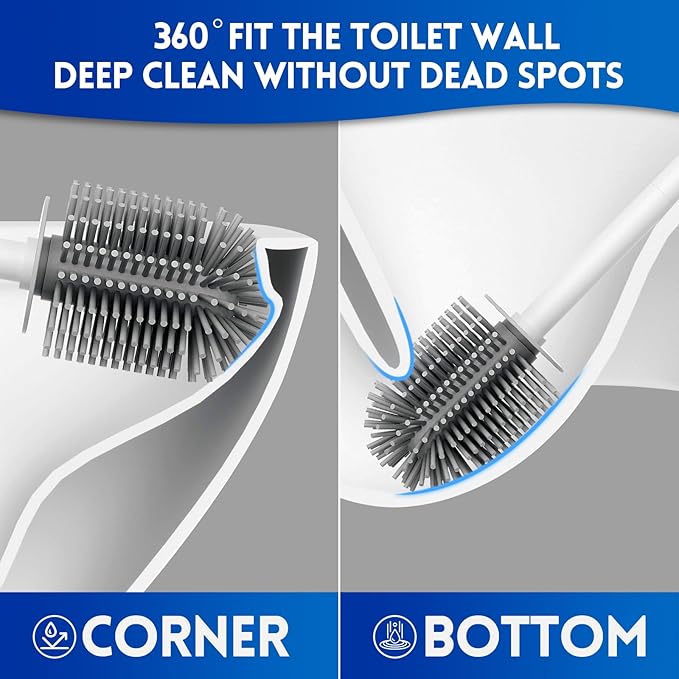 Y-in Hand 2 Pack Silicone Toilet Brush, Soft Toilet Bowl Brush Set for Deep Cleaning. Bathroom RV Accessories with Long Handle, Wall mountable. - White