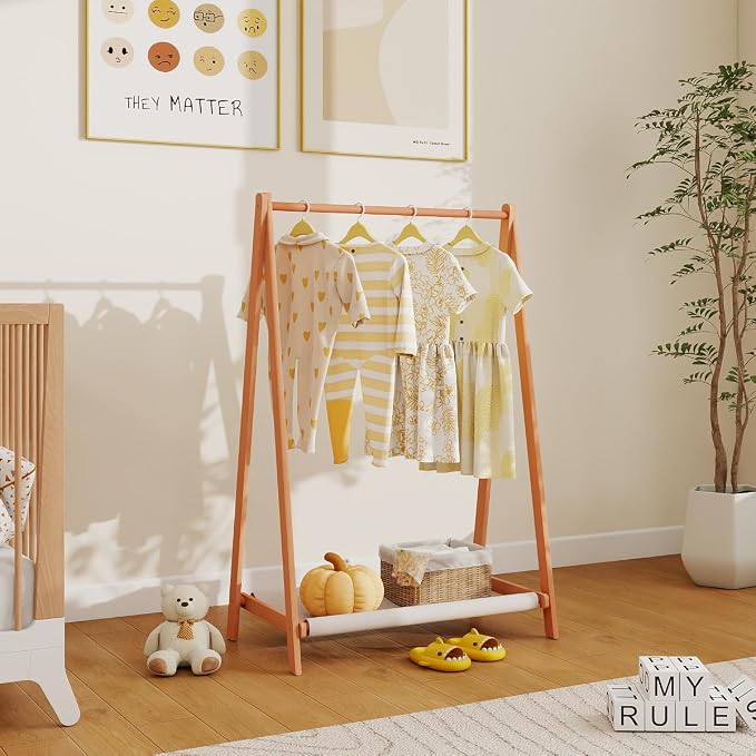 Kids Clothing Rack,Foldable Beechwood Small Baby Clothes Rack with Bottom Storage Shelf,for Laundry Drying,Mini,Floor Standing,Portable(31.5" L)