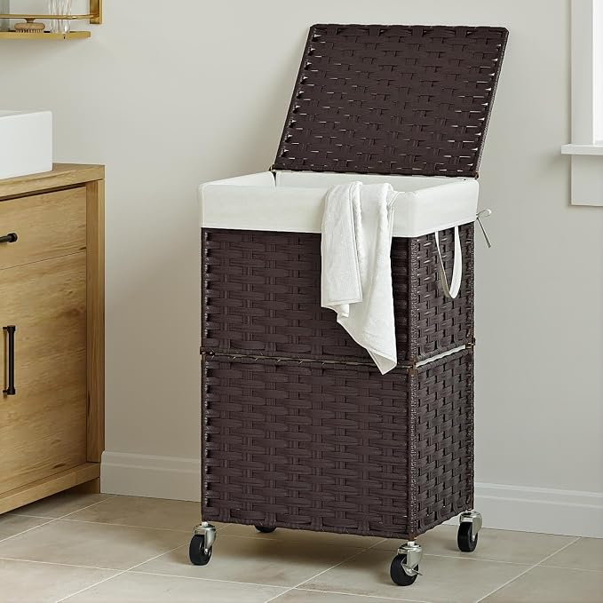 Chrislley Wicker Laundry Basket with Wheels,Rolling Laundry Hamper with Lid | 90L Slim Clothes Hamper with Wheels & Removable Liner Bag, Handwoven Rattan Laundry Organizer for Bedroom, Bathroom, Brown
