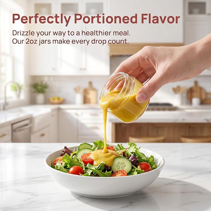 EONJOE 2oz Glass Dressing Containers With Lids, Sauce Jars for Lunch, 12pk | Airtight ,BPA Free,Perfect for to go lunch box Accessories , Dishwansher safe