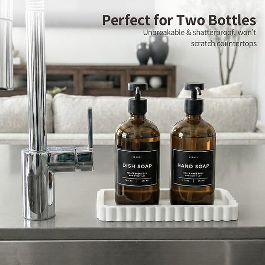 Small Silicone Bathroom Vanity Tray, Sink Caddy for Dish Soap Dispenser, Sponge Holder for Kitchen Sink, Rectangle Bathroom Countertop Organizer for Perfume, Jewelry, Candle (7.9” * 4”, White)
