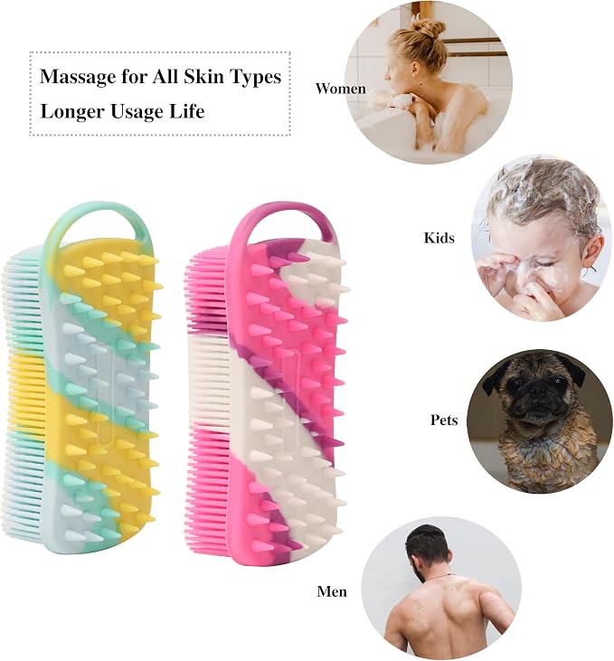 MtBoi 2 PC Silicone Body Scrubber, 2 in 1 Exfoliating Shower Bath Scrubber, Soft Silicone Loofah for Sensitive Skin, Shower Hair Scalp Massager, Easy to Clean, Lather Well (Purple & Yellow)