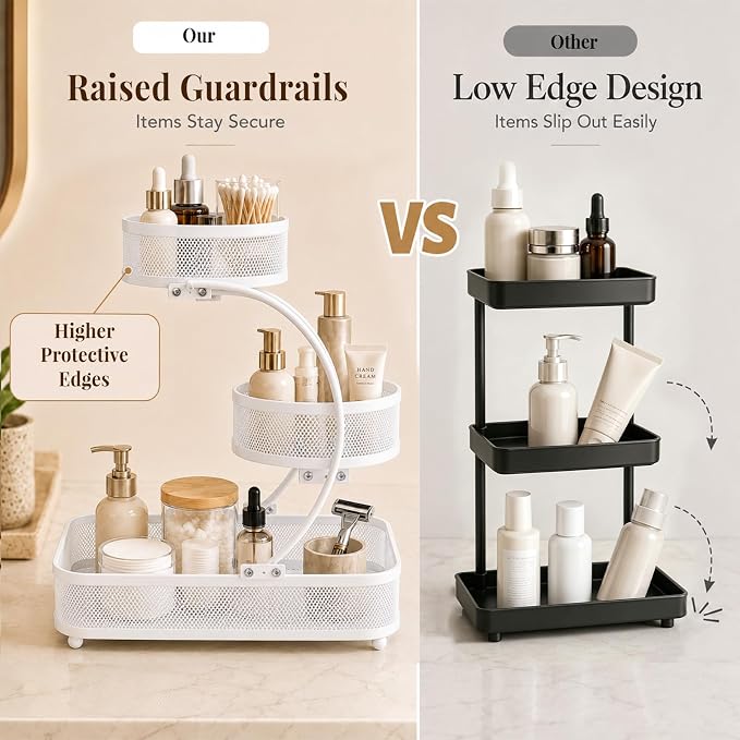 3 Tier Bathroom Counter Organizer-Perfume Organizer | Make Up Organizers for Vanity, Metal Shelf Organizer With Water-Resistant Open Design And Strong Load Capacity, White
