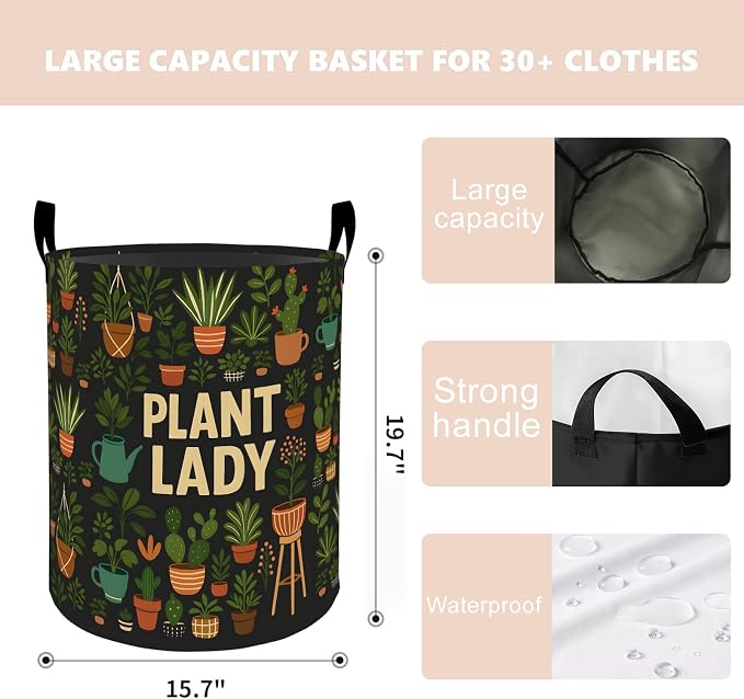 Plant Lady Laundry Basket Hamper 19.7"x15.8", Organizer Bins Gifts for Kids Boys Girls, Funny Plant Botanical Foldable Waterproof Oxford Clothes Storage Bucket for Bedroom Bathroom Decor